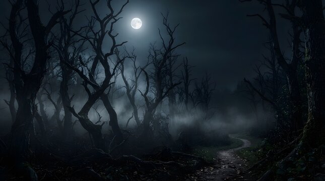 Mysterious forest scene with a full moon shining through bare tree branches