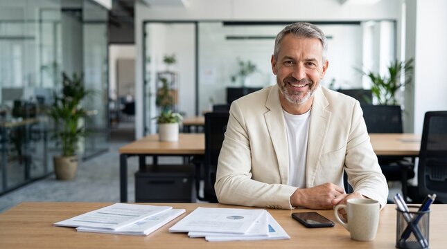 Confident mature businessman smiling brightly at his modern office desk, showcasing professionalism and approachability in a well-lit, contemporary work environment