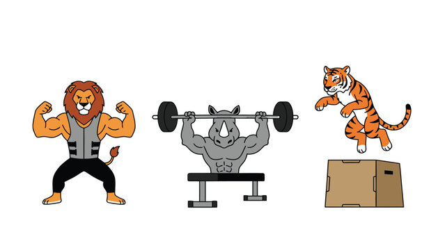 Strong cartoon animals working out: lion flexing, rhino lifting weights, and tiger jumping on a box, showcasing fitness and strength.