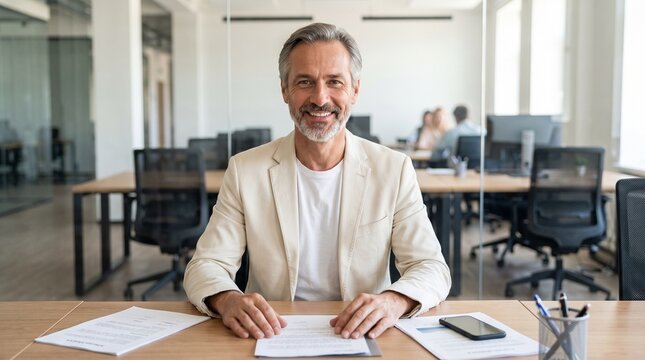 Confident mature professional man smiling in office at his desk in a modern corporate workspace
