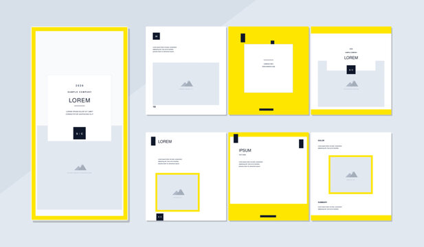 Corporate trifold brochure and brand presentation mockup set featuring cyber yellow frames black logo badges and text