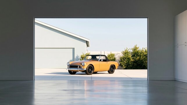 Classic mustard convertible car parked outside suburban home through open garage door, inviting journey