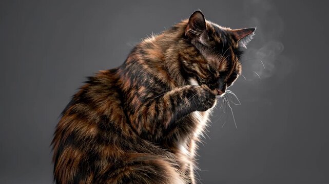 Studio Tortoiseshell Cat Grooming Portrait.