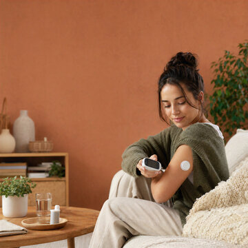 Young woman checking a continuous glucose monitor for diabetes self-care