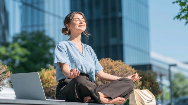 Professional woman meditating outdoors, finding calm and balance in urban environment, practicing mindfulness during work break