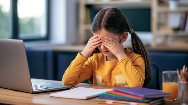 Young schoolgirl experiencing digital eye strain and online learning fatigue covering her eyes