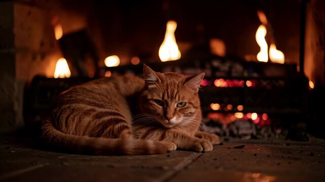 Tabby Cat Resting Beside Glowing Fireplace.