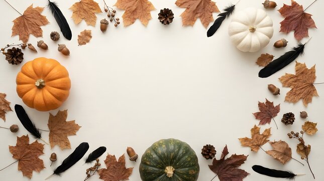 Autumn harvest arrangement with pumpkins gourds and colorful fallen leaves on white background