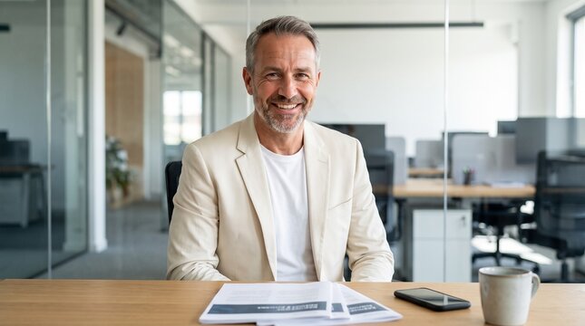 Middle aged professional man smiling during a productive workday at his modern office desk with documents and coffee