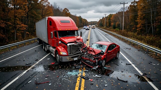 Red semi-truck and red sedan head-on collision on wet highway with scattered debris during autumn season.
