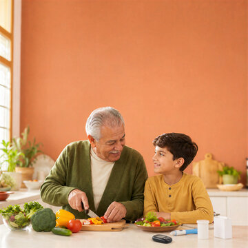 Senior grandfather and grandson preparing vegetables for a healthy lifestyle