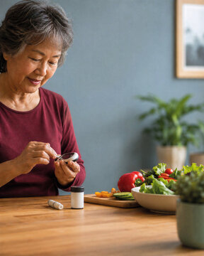 East Asian senior woman checking glucose beside fresh vegetables at home