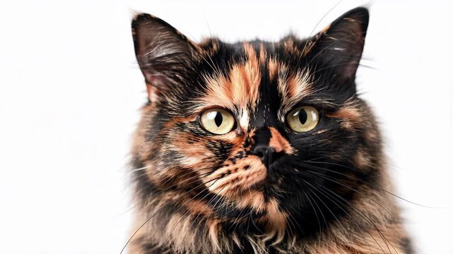 Tortoiseshell Cat Portrait on White Background.