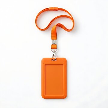 Customizable orange ID card badge holder connected to a woven fabric neck strap for corporate event branding.