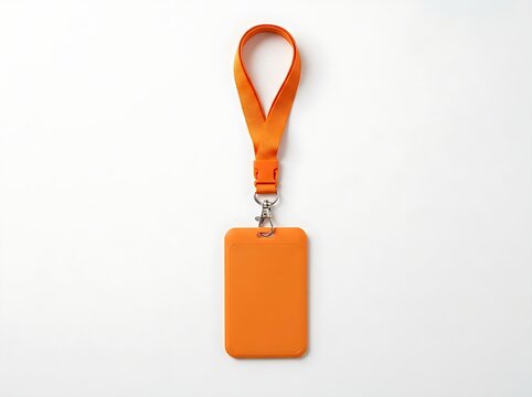 Professional orange corporate lanyard and empty plastic badge holder displayed flat on a clean white surface backdrop.