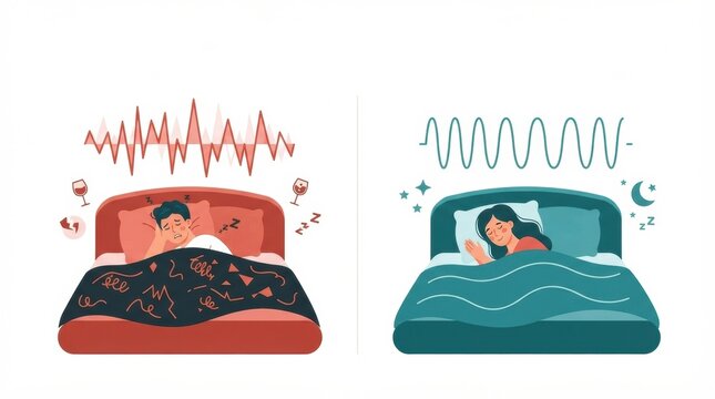 Two people sleeping in different conditions. One struggles with noise and distractions, while the other sleeps peacefully.