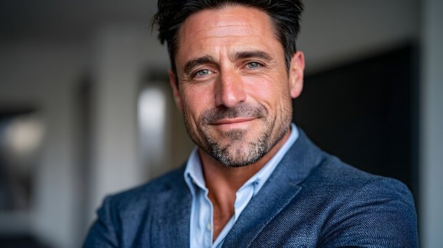 Man in a blue textured blazer and light blue shirt