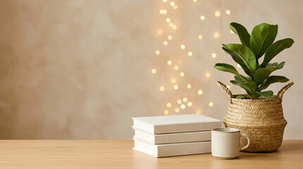 Fototapeta premium Minimalist cozy home workspace mockup: stacked white books and a potted Ficus lyrata in a woven basket with warm bokeh lights