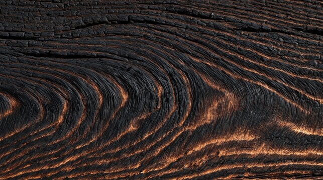 Charred yakisugi wood grain texture with deeply grooved black burnt timber and glowing warm brown undertones