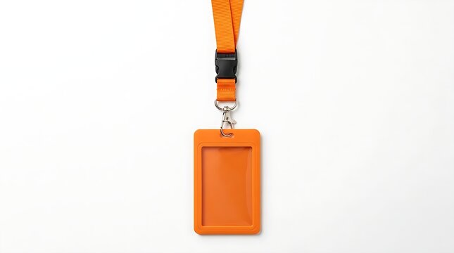 Vibrant orange lanyard with a matching ID card badge holder isolated on a clean white studio background.