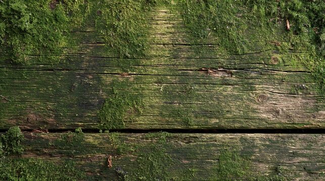 Weathered wooden planks covered in vibrant green moss with rustic aged timber texture