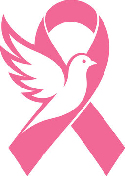 Pink ribbon silhouette with flying dove bird symbol for breast cancer awareness month campaign.