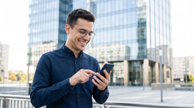 Smiling young businessman in glasses using a smartphone outdoors near a modern office building