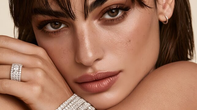 Female model with elegant diamond ring and bracelet