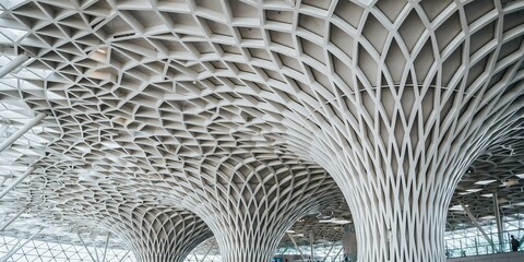 Obraz premium Modern architectural ceiling with intricate geometric lattice structure and tree columns.
