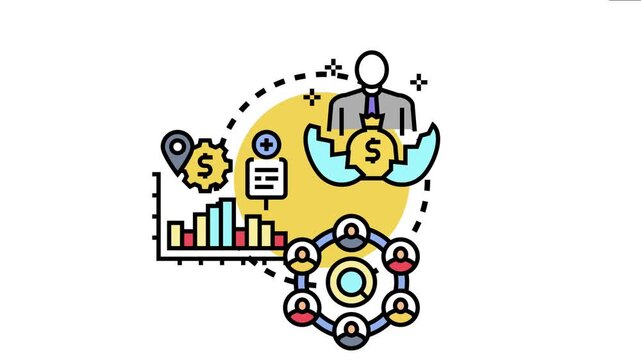 Business concept depicting a professional emerging from an egg with a money bag, surrounded by elements representing improved data, optimized location, and a connected team