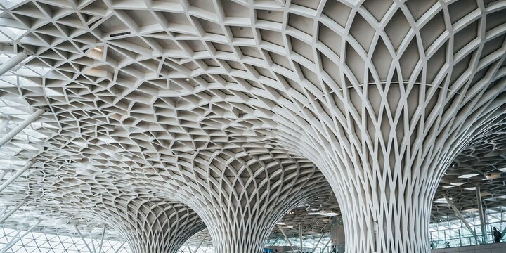 Modern architectural ceiling with intricate geometric lattice structure and tree columns.