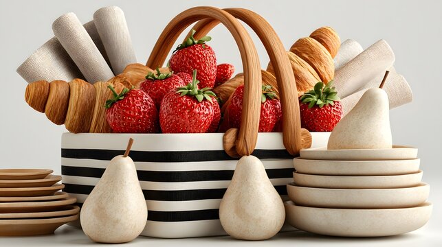Basket with strawberries and pastries