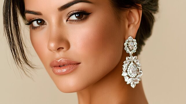 Woman's face close-up with soft makeup and large diamond earrings