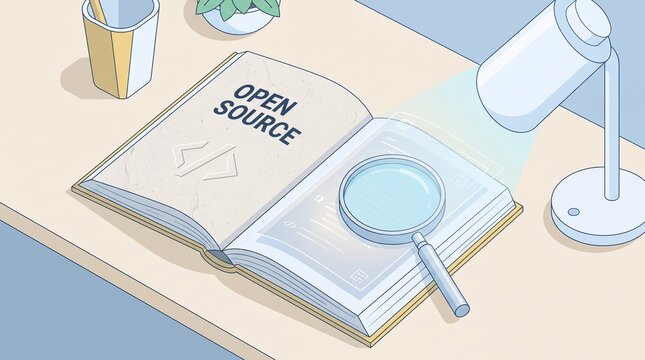 Isometric Open Source Software Book Concept With Magnifying Glass Technology Category