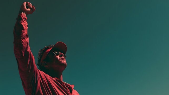 Person wears a red shirt and cap, fist raised