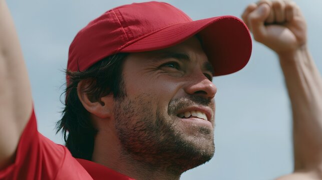 Man in red cap and red shirt celebrates with raised fist