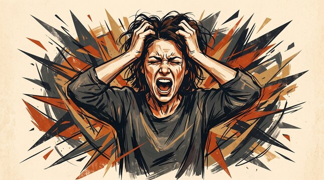 Frustrated Woman Screaming and Pulling Hair Illustration for Intense Rage Stress and Panic Attack