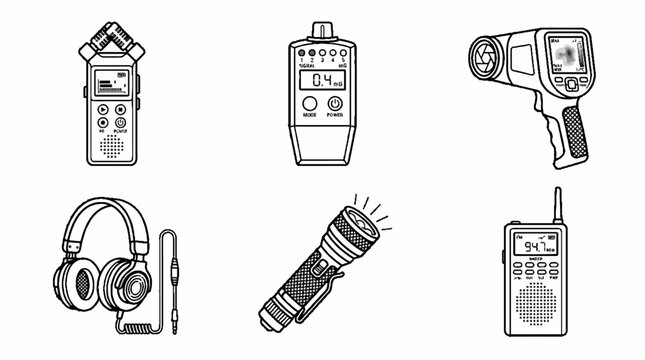 A collection of hand drawn ghost hunting and paranormal investigation equipment icons.