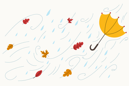 Bad autumn weather background illustration. Yellow umbrella blowing in strong wind and rain with fall leaves flying. Ideal for rainy day, bad weather and fall clip art.