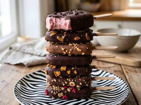 Stack of assorted chocolatecovered ice cream bars on zebra plate funny animal emoji
