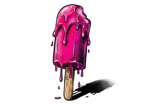 Colorful melting popsicle with pink icing and dripping effect funny animal emoji