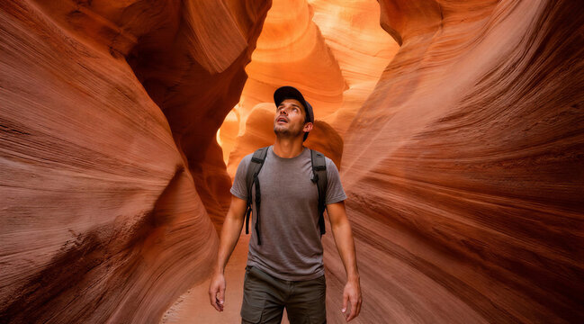 Hiker Exploring Narrow Sandstone Slot Canyon in Arizona