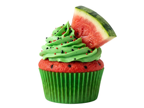Watermelonthemed cupcake with green frosting and fruit topping funny animal emoji isolated on transparent background