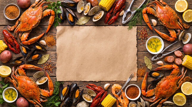 Grilled seafood and prawns on dark slate stone background. Top view empty mockup space for BBQ restaurant menu design.