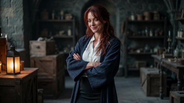 Confident red-haired woman in a rustic workshop, realistic photography, warm lantern light on a dark background, leadership concept