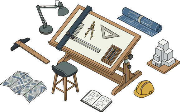 Architectural Drafting Table Workstation Isometric Set Featuring Drafting Board Stool Blueprint Compass T Square Lamp Helmet Model for Engineering Design Vector Illustration