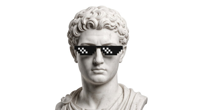 Classical Roman Marble Bust Sculpture wearing Pixel Sunglasses Meme Concept, Isolated Cutout Design Element