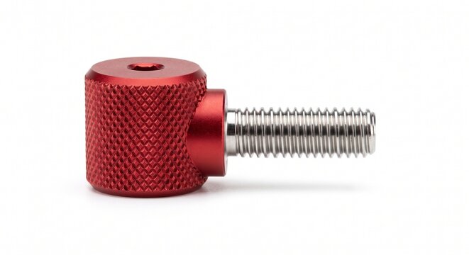 Heavy-duty locking thumbscrew for film equipment. CNC machined red anodized aluminum knurled knob with stainless steel threaded shaft. Cinema rigging hardware. Isolated on white.
