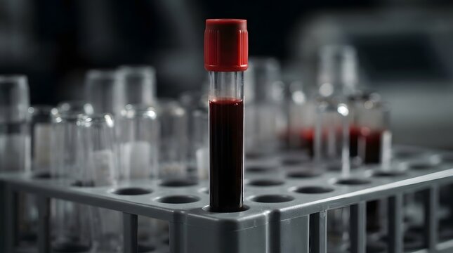 Blood sample in a red cap collection tube inside a laboratory test tube rack