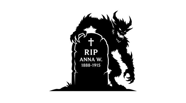 Halloween Spooky black werewolf monster standing near old graveyard stone. Halloween holiday graphic. Zombie horror creature. Dark supernatural vector art. isolated on White Background vector